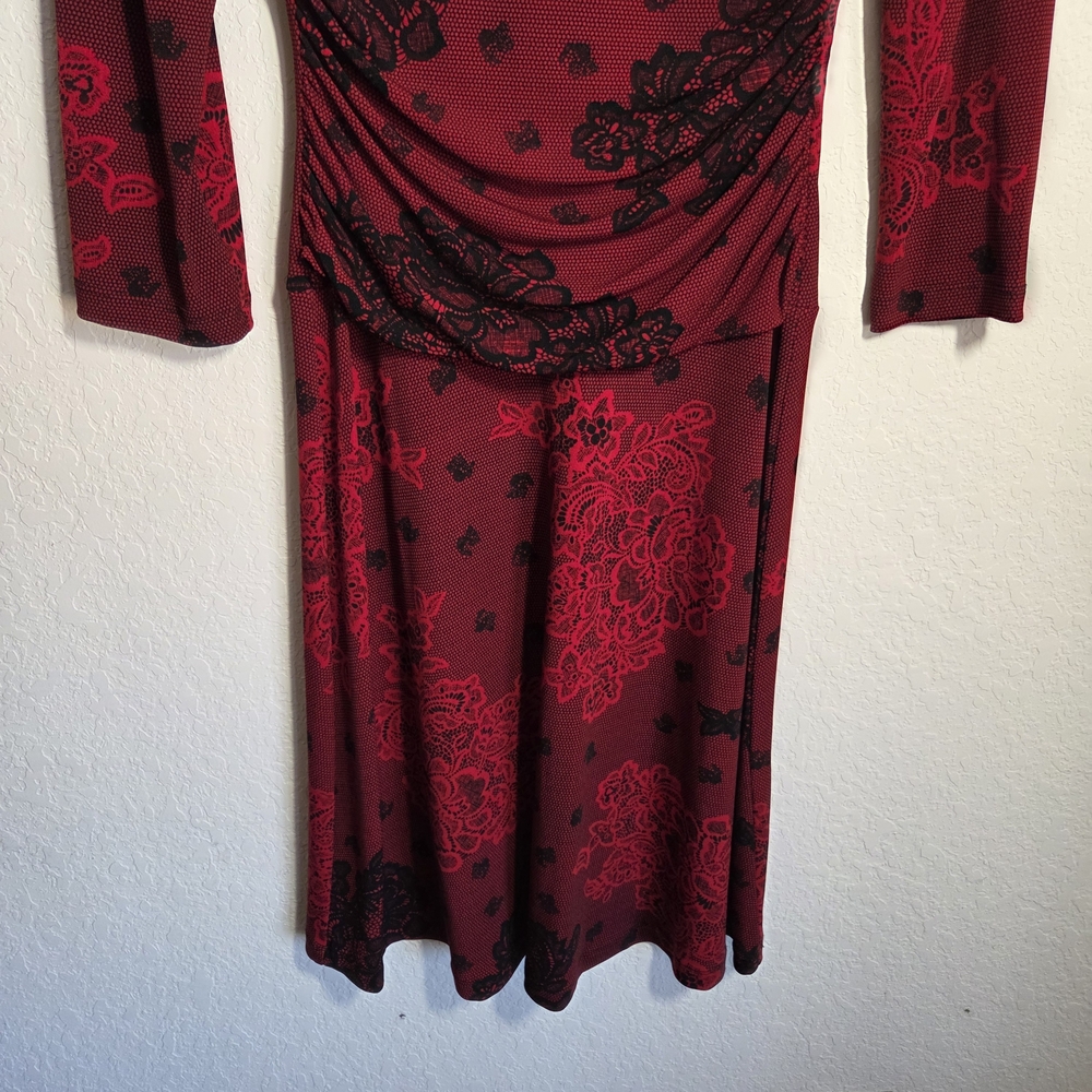 Enfocus Studio Red Black Floral Soft Stretch 3/4 Sleeve Midi Dress Size 4 - Picture 9 of 10